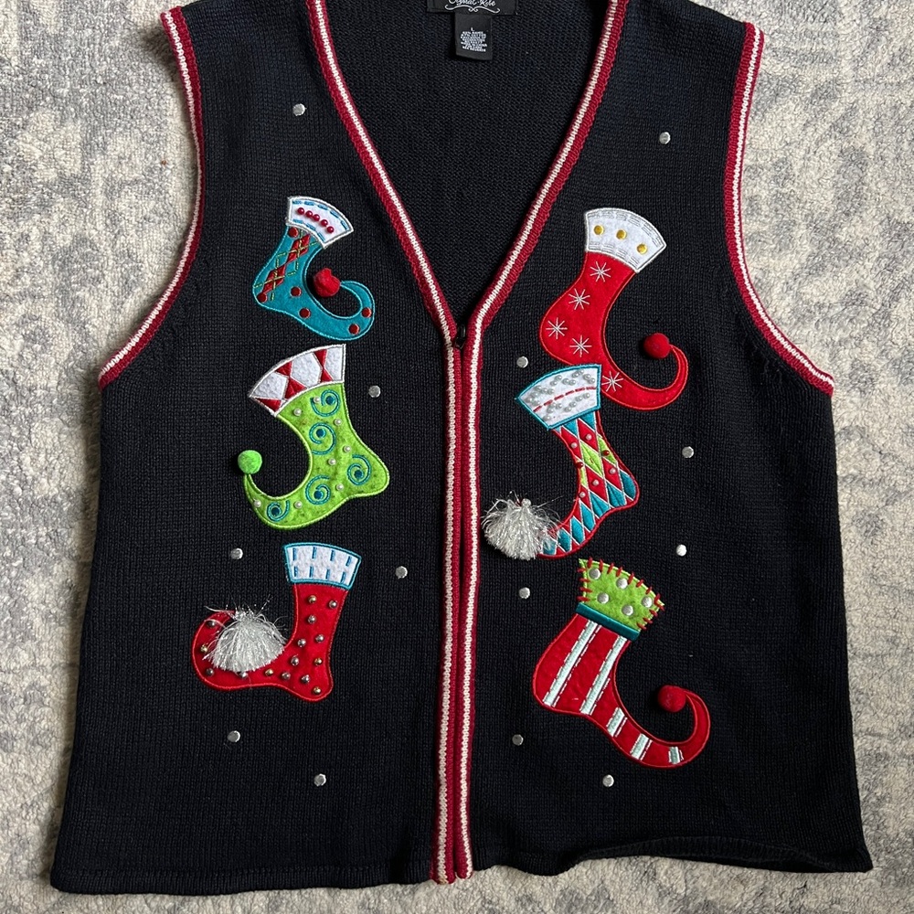Vintage Crystal Kobe Black Christmas Stocking Sweater Zip Up Vest Size Large